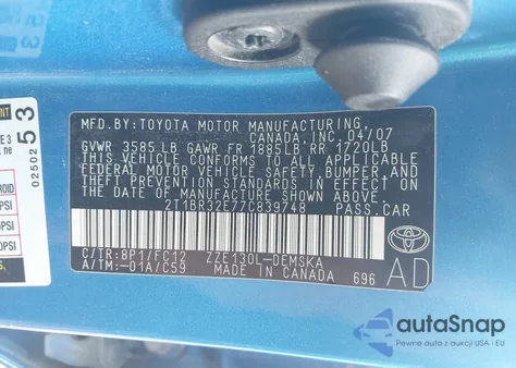 2007 Toyota Corolla S из США, поврежденный, VIN 2T1BR32E77C839748